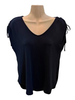 Green Envelope Los Angeles Top Shoulder Tie Blouse Dark Blue Navy V-Neck, Small